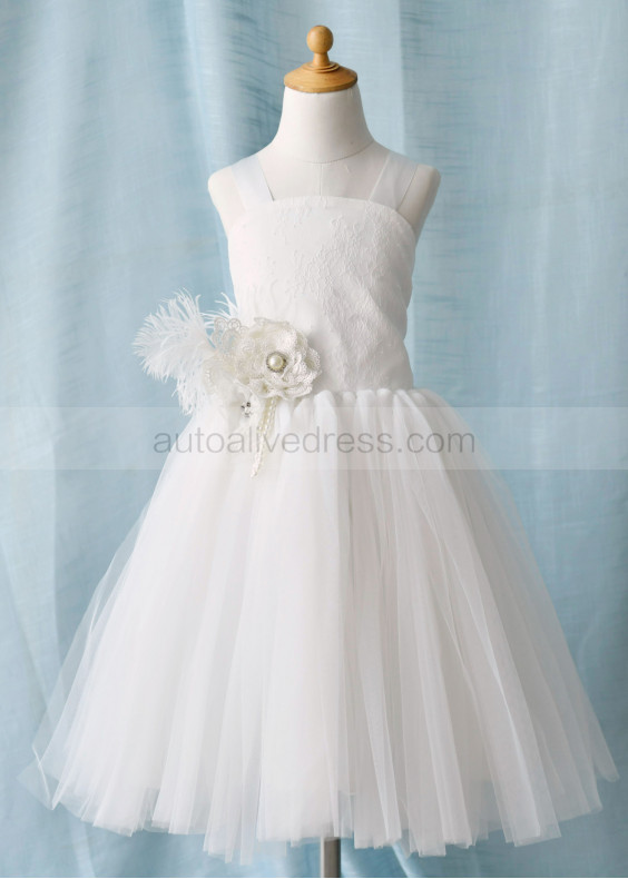 Ivory Lace Tulle Cross Back With Feather Flower Girl Dress
